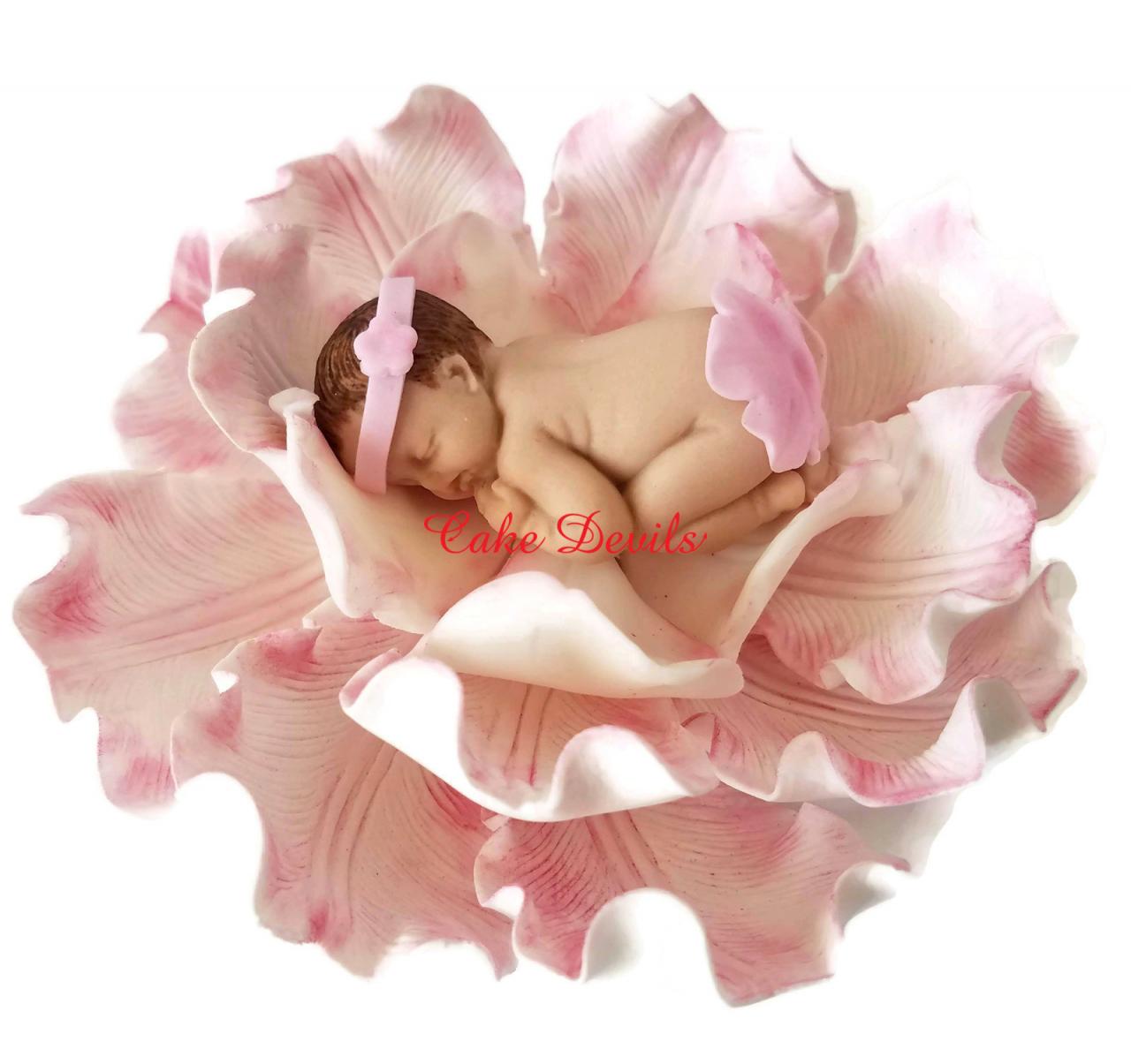 Baby In A Flower Fondant Cake Topper, Handmade Edible Sleeping Baby Girl Shower Cake Decoration, Gumpaste Peony, Rose