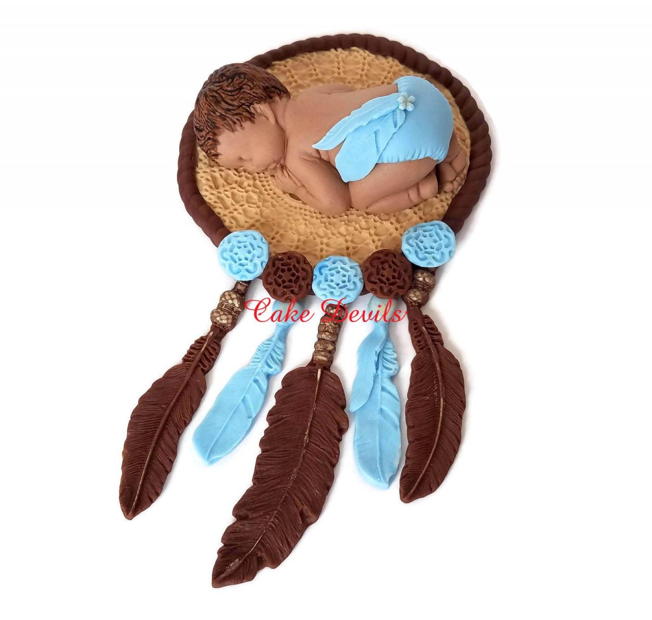 Bohemian Fondant Dream Catcher Cake Topper For Baby Shower, Tribal Sleeping Baby With Feathers, Handmade Edible Sugar Boho Cake Decorations