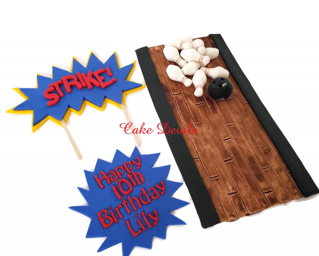 Bowling Cake Toppers - Fondant Bowling Theme Cake Topper Kit- Handmade Edible Bowling Ball, Bowling Pins, Bowling Cake Decorations