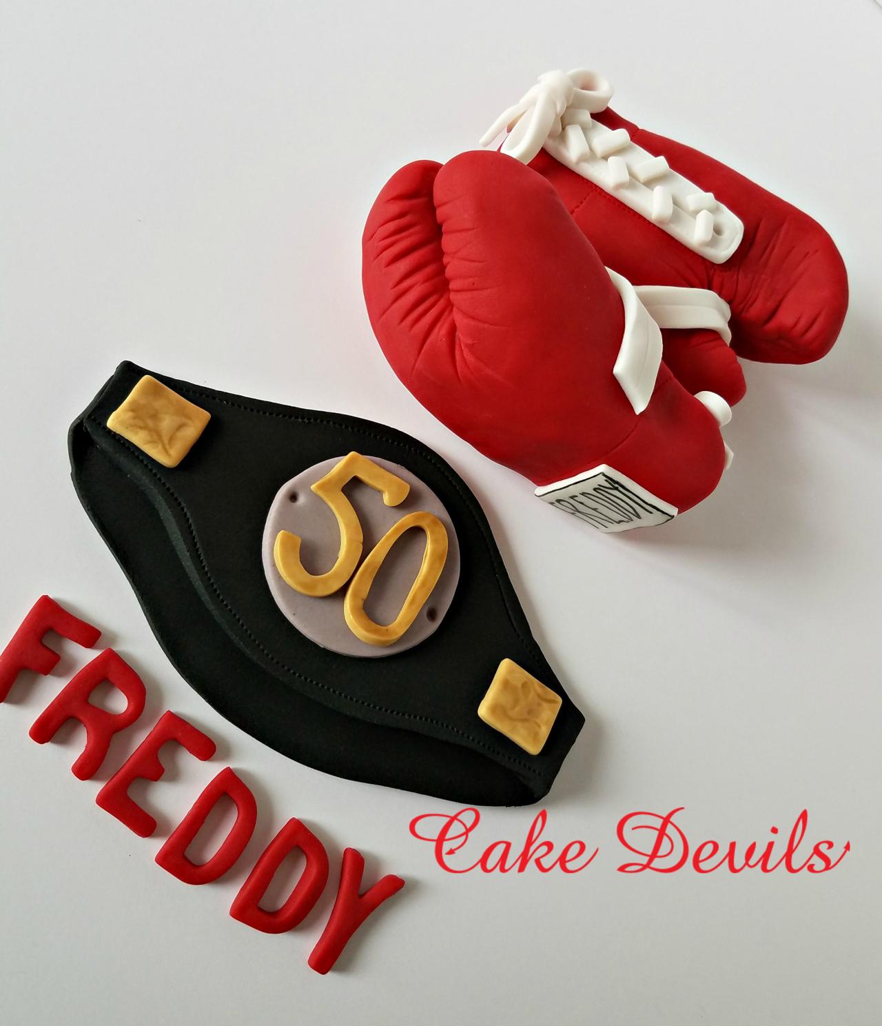 Boxing Gloves Cake Topper, Boxing Belt And Gloves With White Laces, Fondant Boxing Gloves Cake Decorations, Handmade Edible Boxer Cake