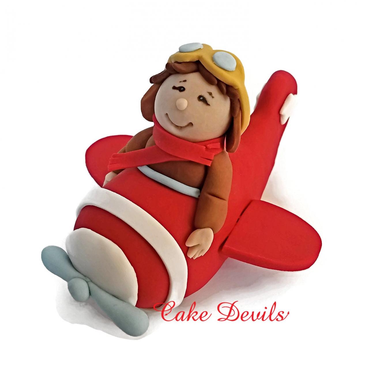 Boy In Plane Fondant Cake Topper, Coming In For A Landing Birthday Party Theme Decoration, Handmade Plane Cake Decoration, Handmade Edible