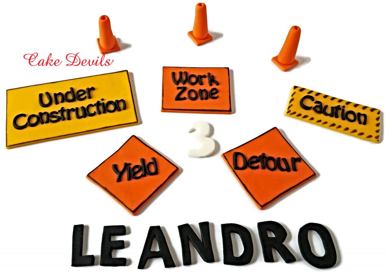 Construction Zone Cake Decorations, Fondant Construction Cake Toppers, Personalized Work Area Signs, Construction Cones, Handmade Edible